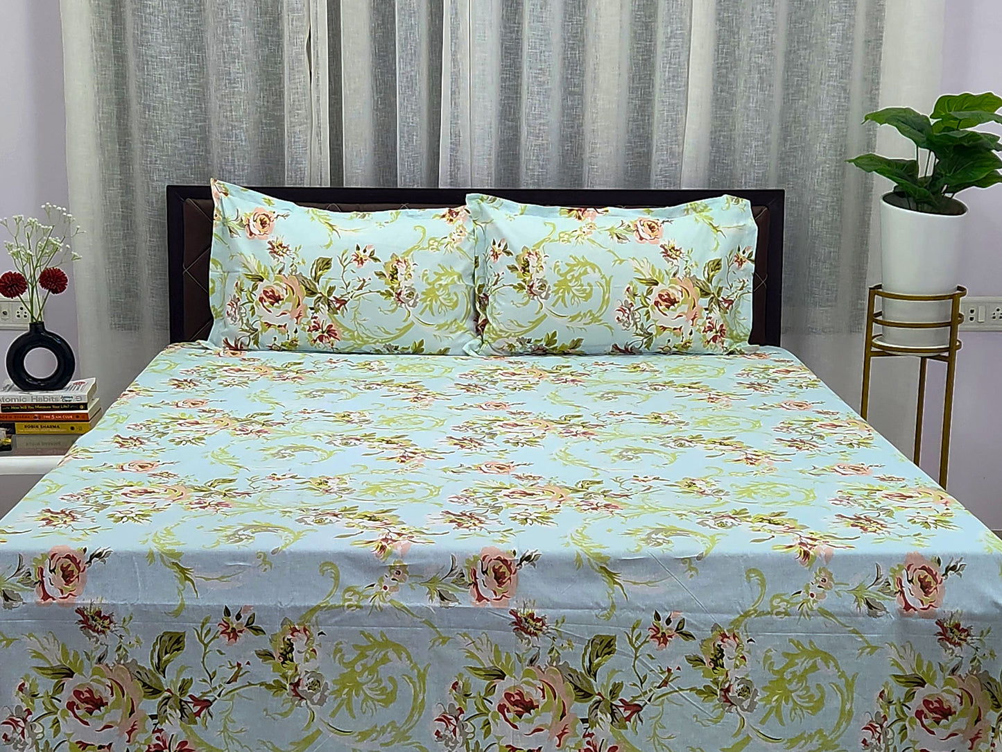 Lush Mint Green Floral Bedsheet