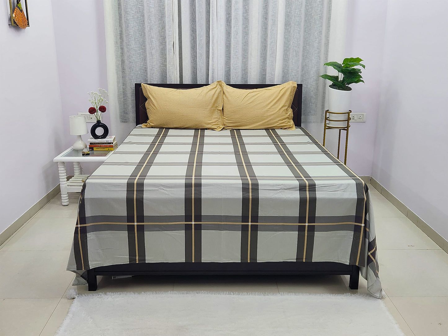 Ash Checks Grey & Yellow Bedsheet