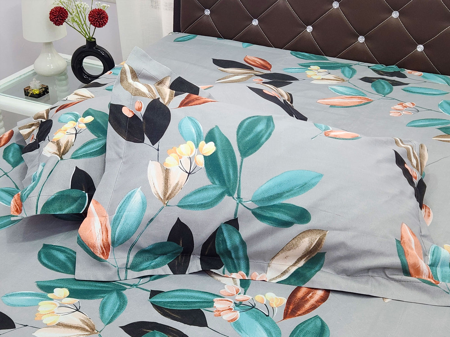Emerald Petals- grey Bedsheet