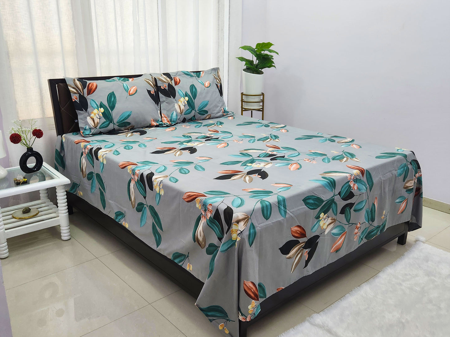 Emerald Petals- grey Bedsheet