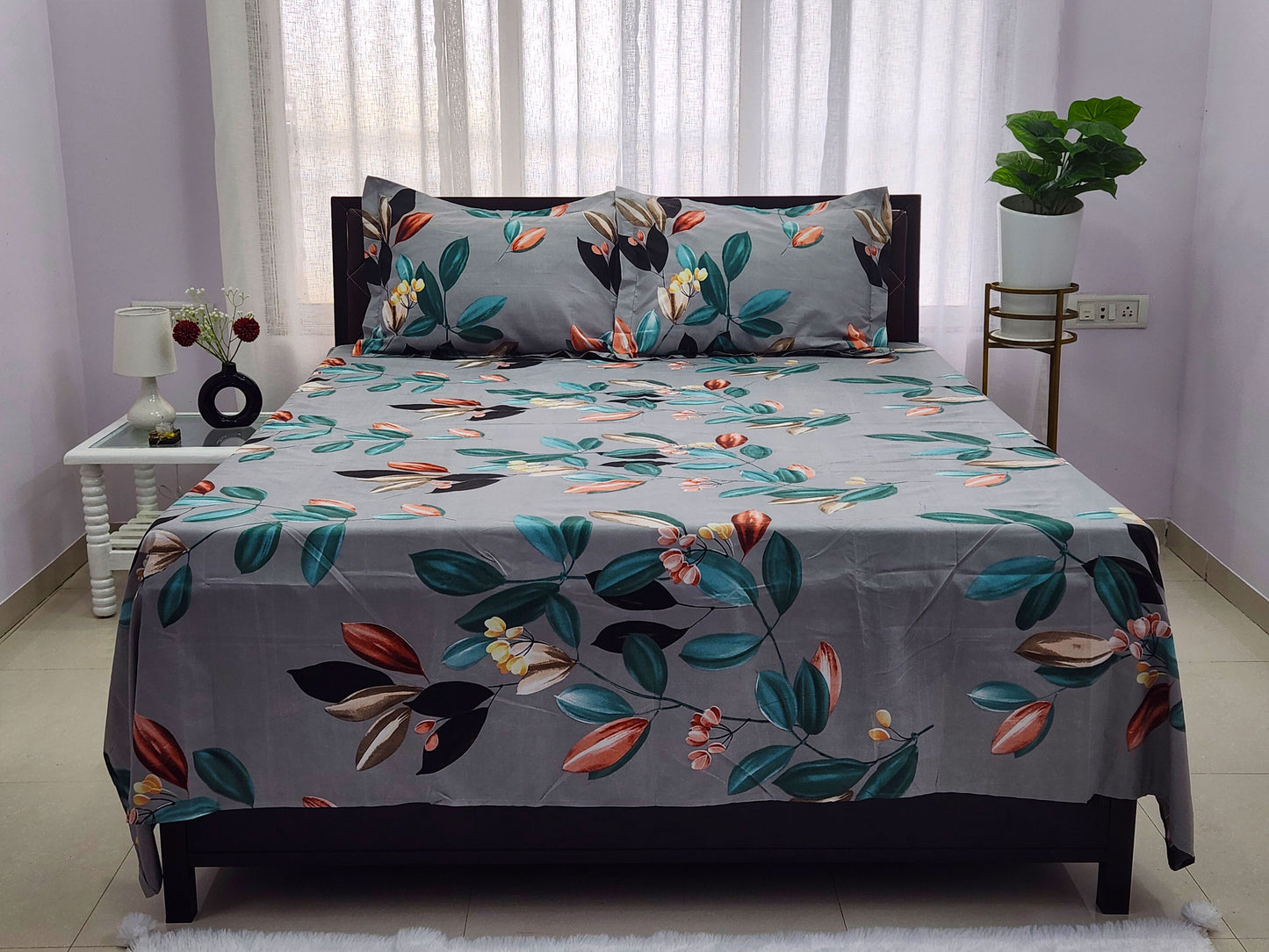 Emerald Petals- grey Bedsheet