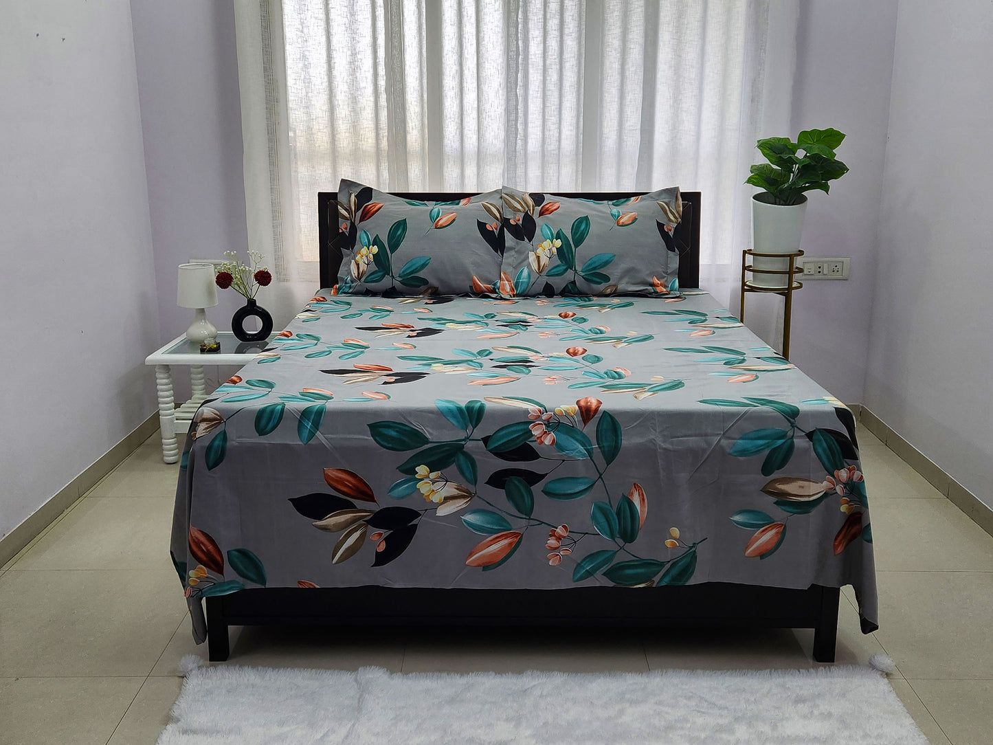 Emerald Petals- grey Bedsheet