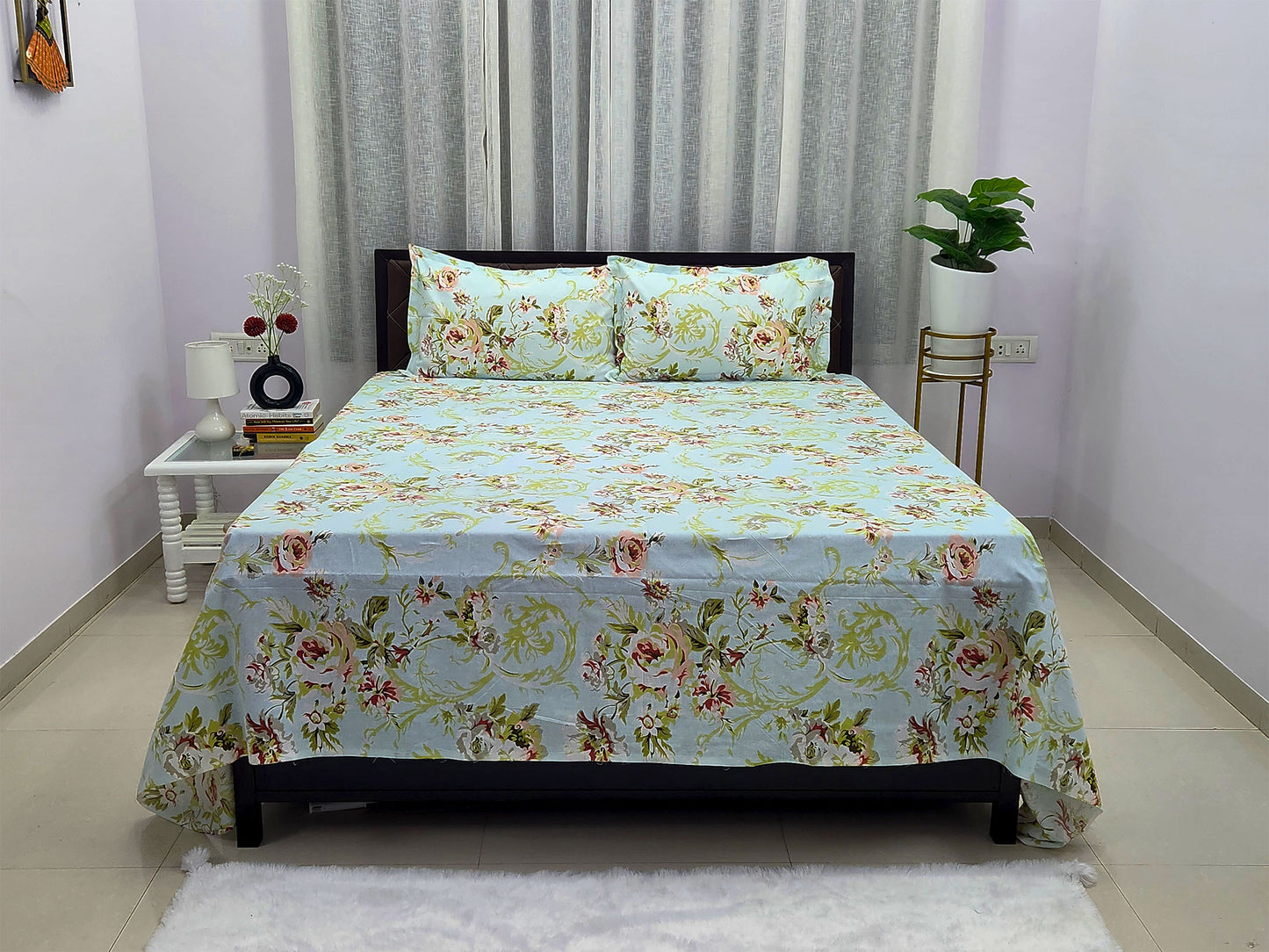 Lush Mint Green Floral Bedsheet