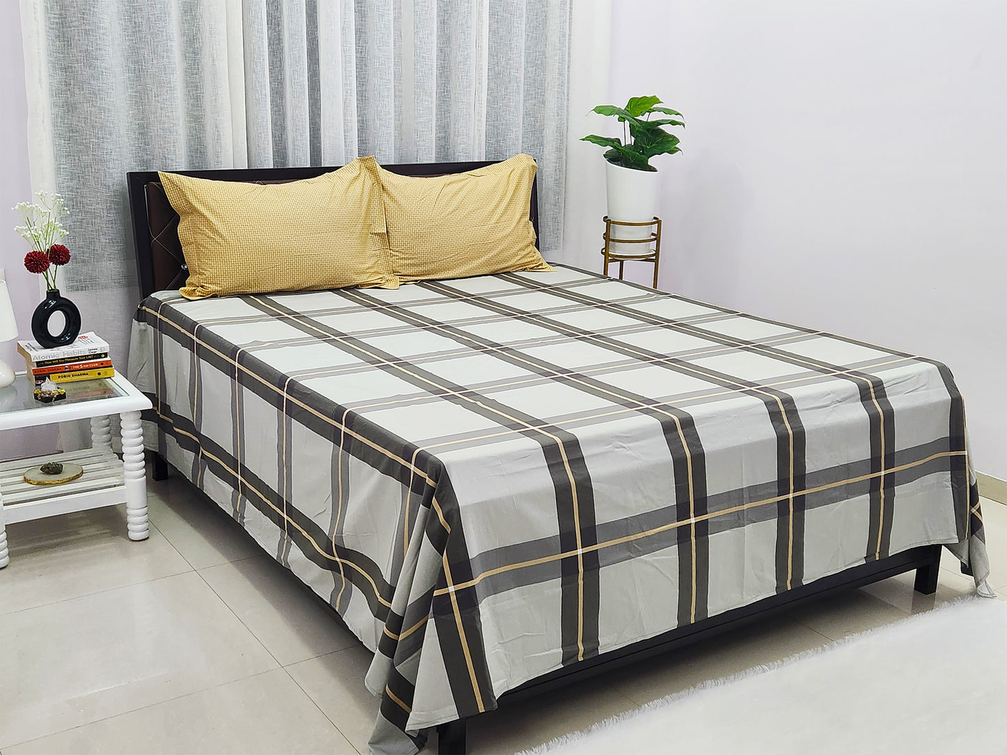 Ash Checks Grey & Yellow Bedsheet