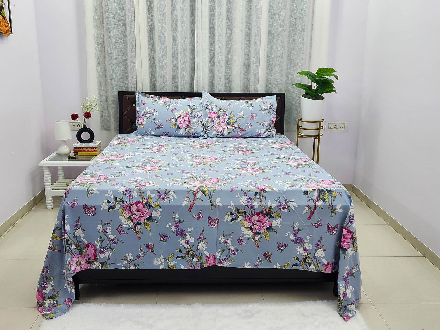 Silver Bloom Grey Bedsheet