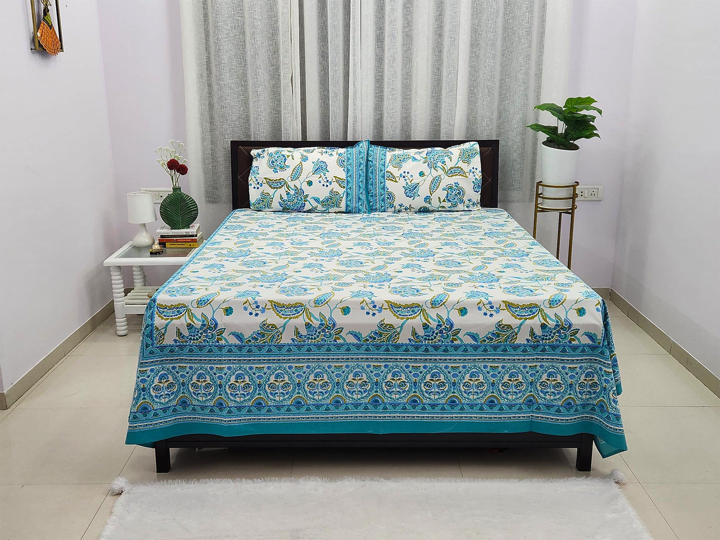 Skye Flora Blue Cotton Bedsheet