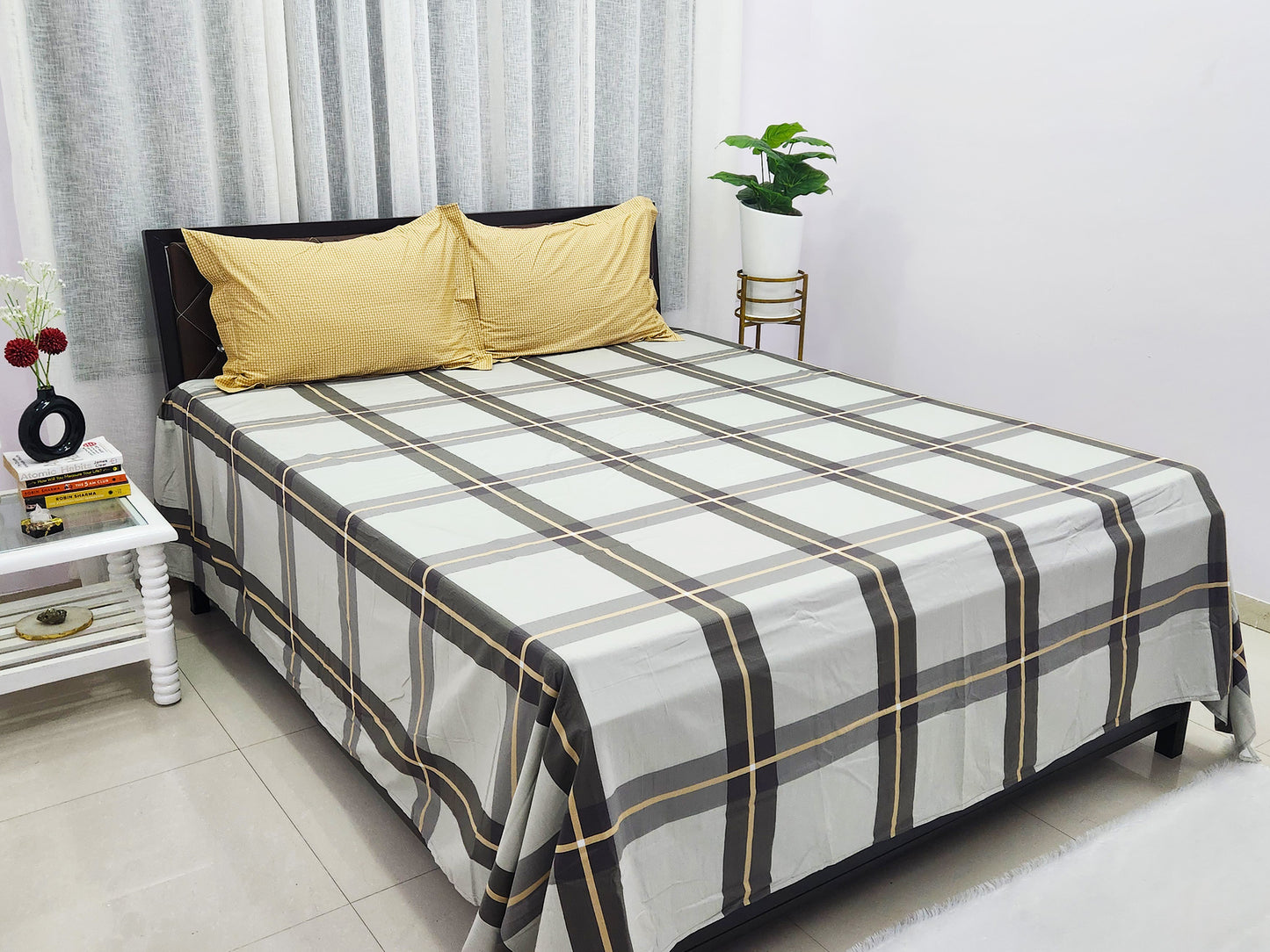 Ash Checks Grey & Yellow Bedsheet