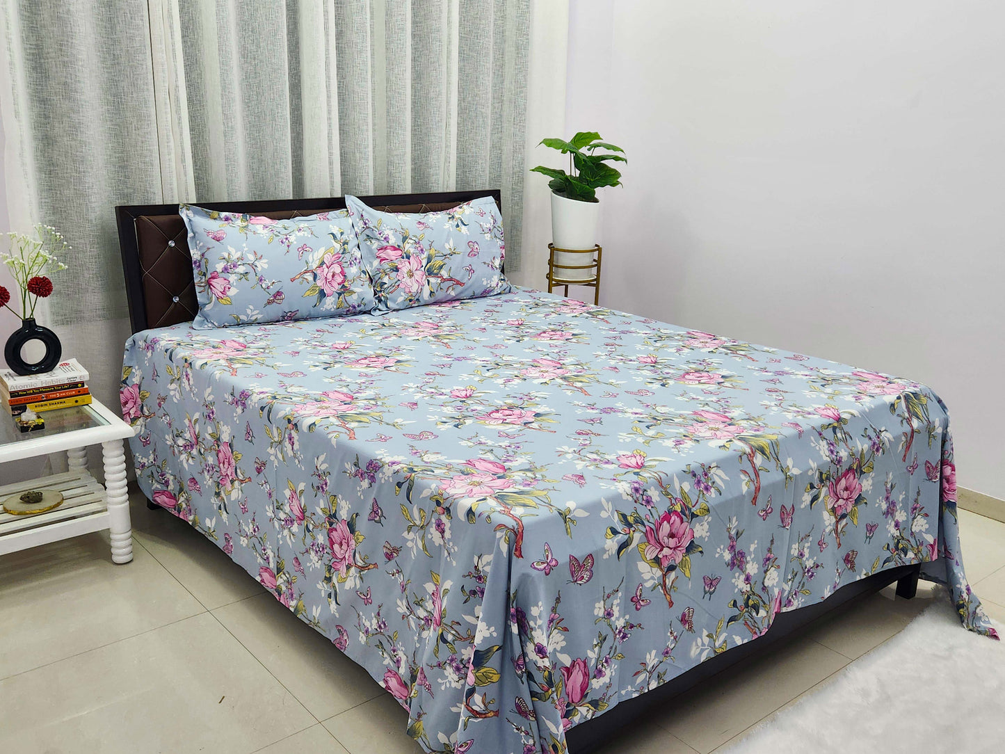 Silver Bloom Grey Bedsheet