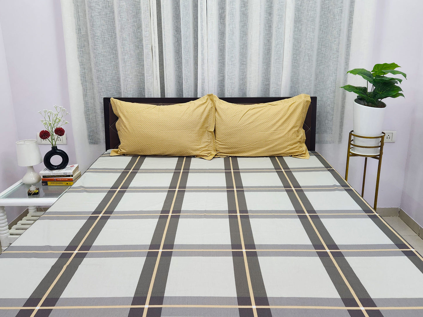 Ash Checks Grey & Yellow Bedsheet