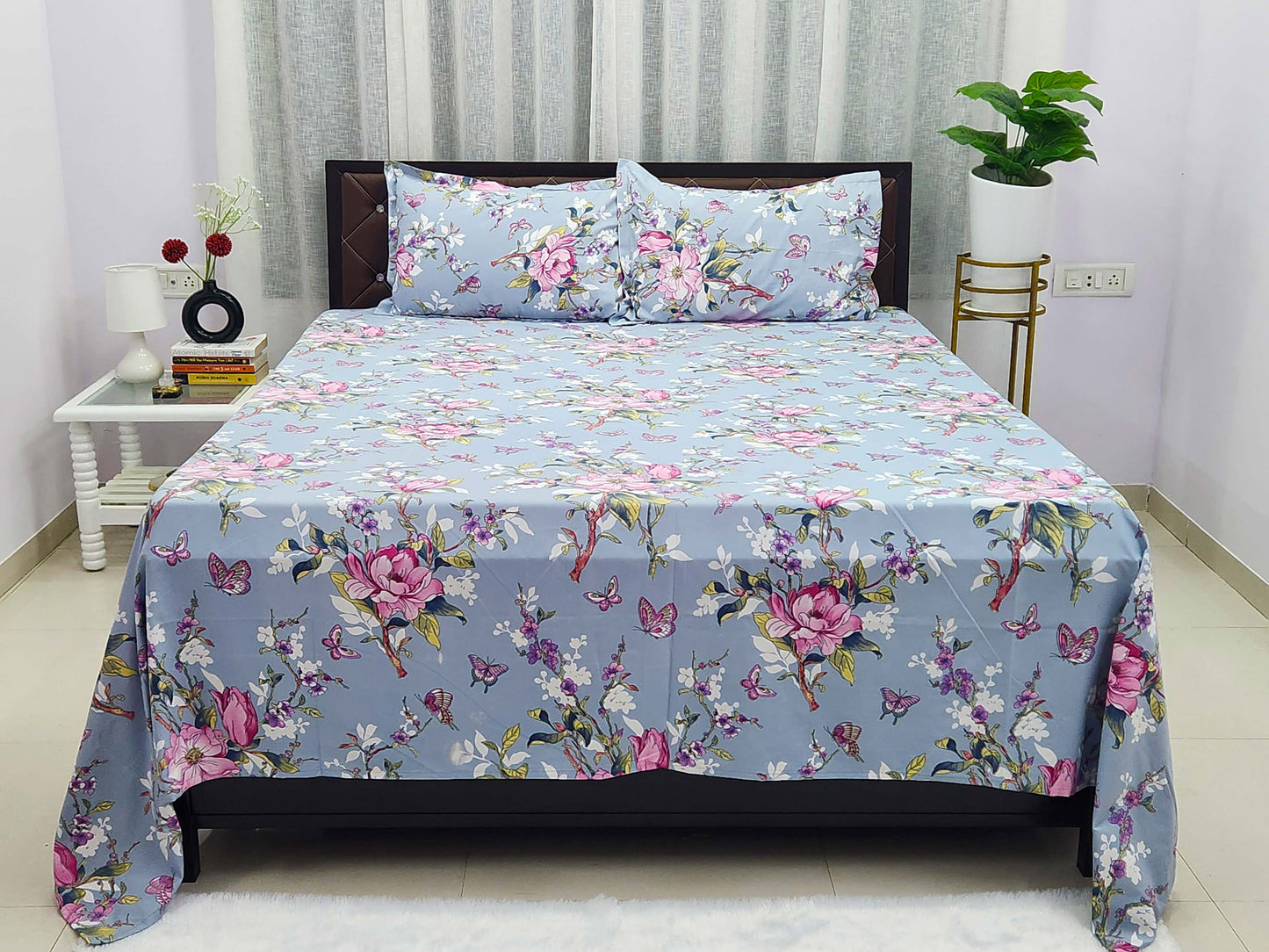 Silver Bloom Grey Bedsheet