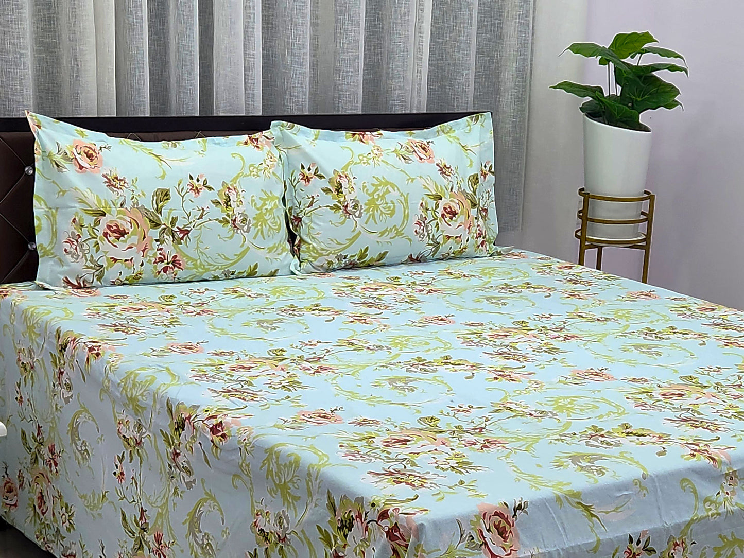 Lush Mint Green Floral Bedsheet
