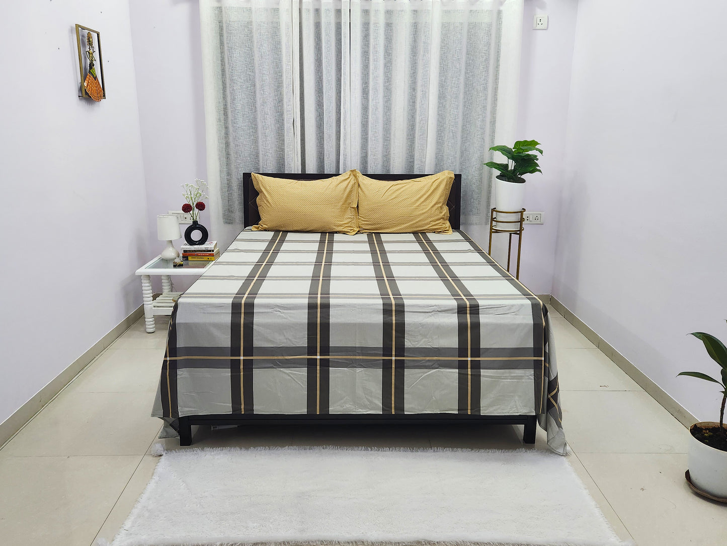 Ash Checks Grey & Yellow Bedsheet