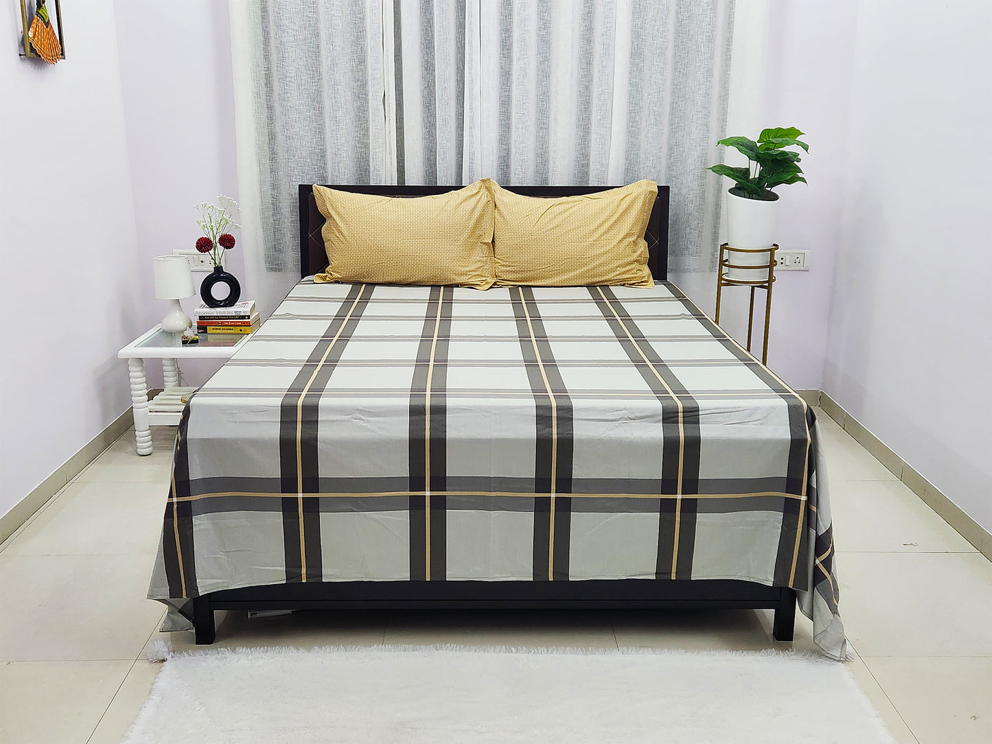 Ash Checks Grey & Yellow Bedsheet