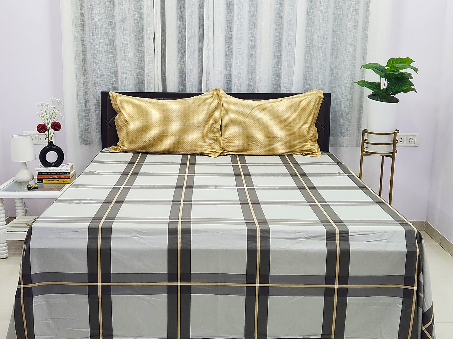 Ash Checks Grey & Yellow Bedsheet