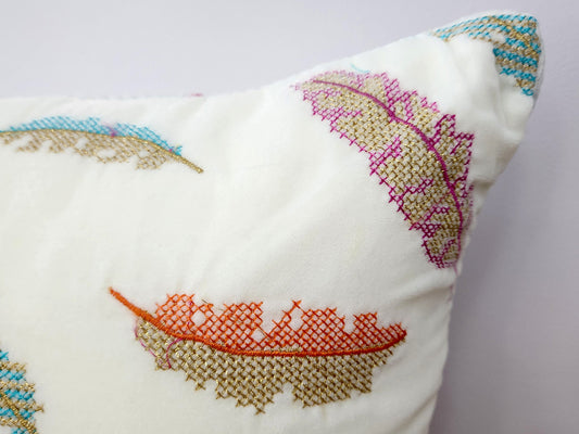 Boho Feathers White & Multi Coloured Cushion cover