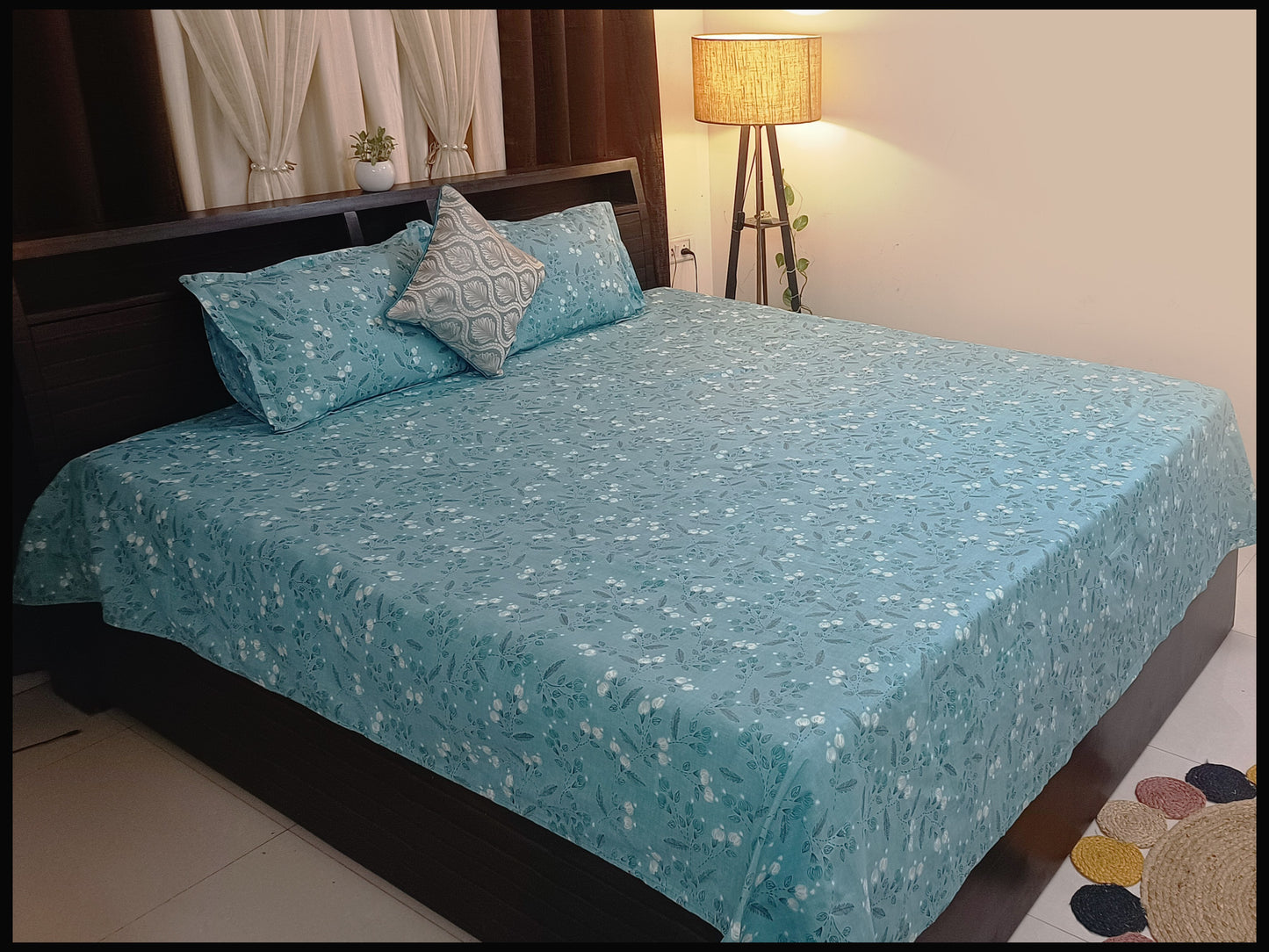 Rea - Blue Floral Designer Bedsheet