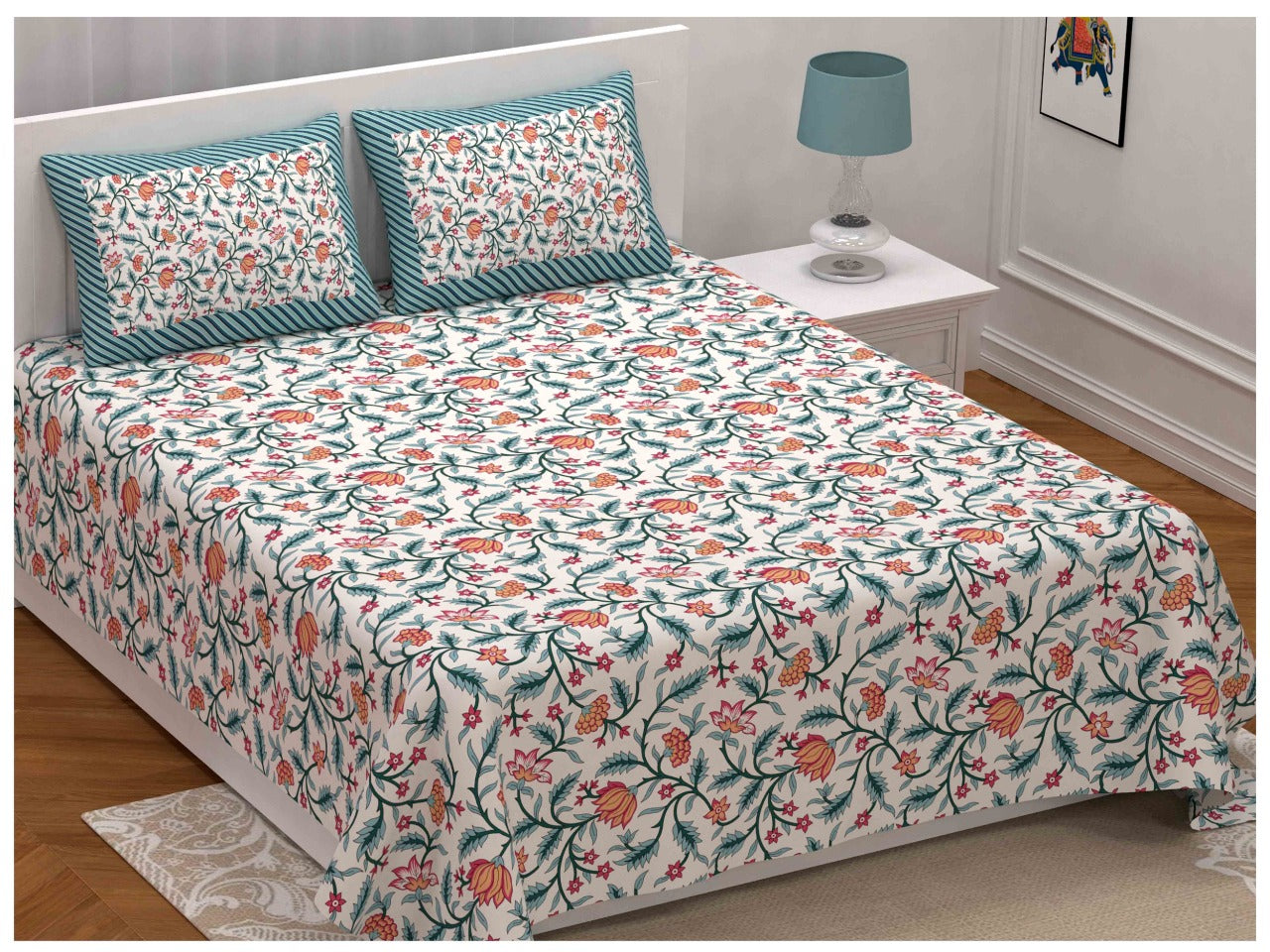 Ela - Blue & Orange Floral Bedsheet