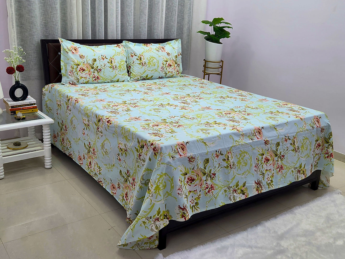 Lush Mint Green Floral Bedsheet