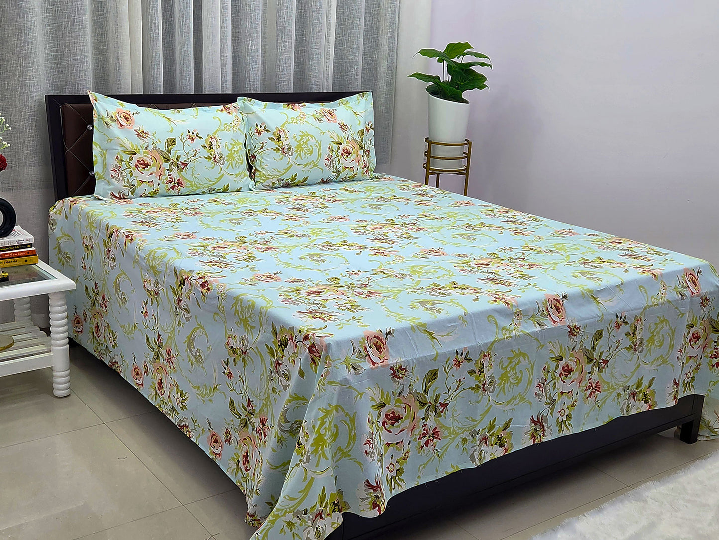 Lush Mint Green Floral Bedsheet