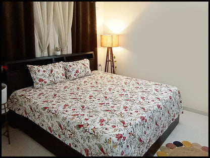 Paakhi -White & Red Floral with Birds Bedsheet