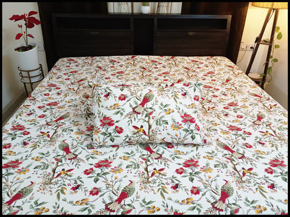 Paakhi -White & Red Floral with Birds Bedsheet