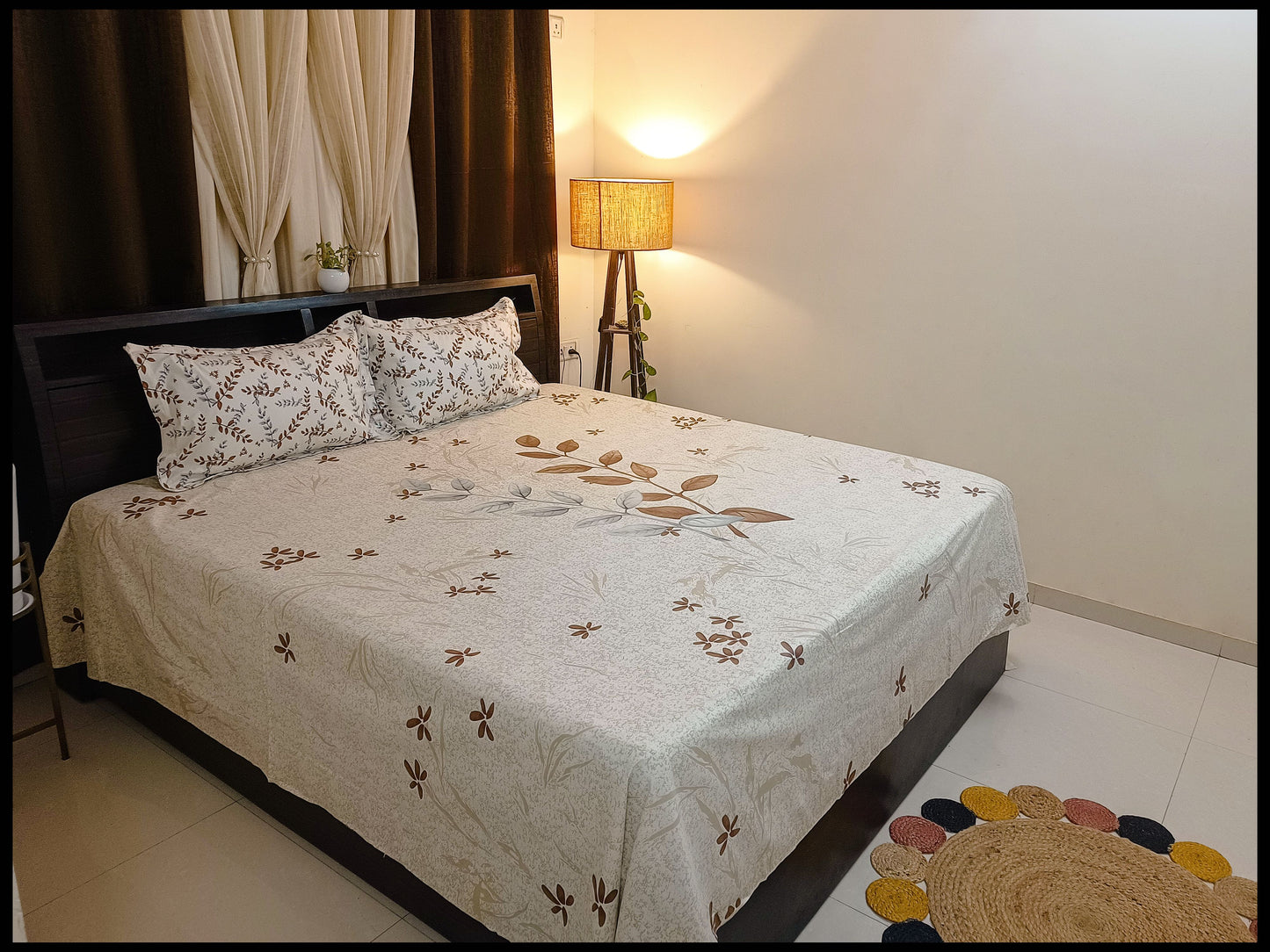 Pallavi - Designer Brown Leaf Pattern Bed Sheet