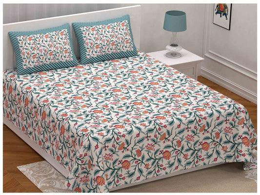 Ela - Blue & Orange Floral Bedsheet